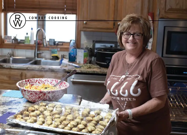 Ms. Susie with her Cream Cheese Stuffed Mushrooms on Cowboy Cooking.